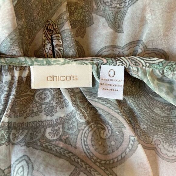 Chico's Boho Paisley Blouse Size 0 Sheer Chiffon Short Sleeve Top Green Brown - Picture 5 of 6
